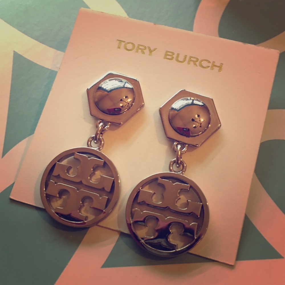 New on card Tory Burch large silver logo earrings